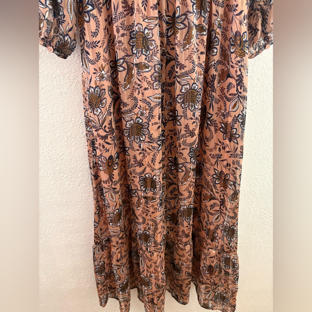 Lucky brand bohemian-style long dress ruffled tiers floral  and long sleeves S - Picture 6 of 9